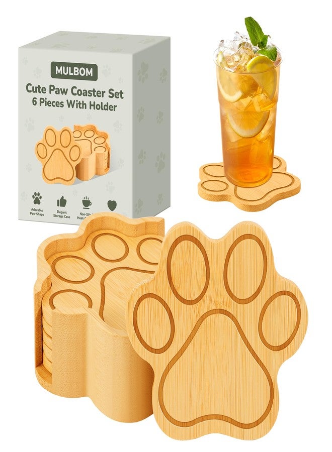 MULBOM Bamboo Paw Shaped Coasters Set of 6 with Holder, Natural and Eco-Friendly Coaster - Non-Slip and Scalding, Cute Cat Claw Drink Coasters, Suitable for Home Decor and Housewarming Gifts - Image 1
